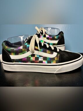 Vans Black Suede Low-Top Sneakers with Holographic Multicolor Checkerboard